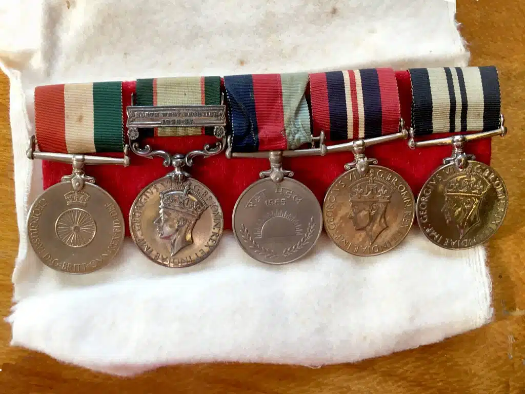 From L-R : Indian Independence Medal (1947), India General Service Medal (1936-37), India 'Raksha' Medal (1965), the War Medal (1939-1945), India Service Medal (1939-1945)
