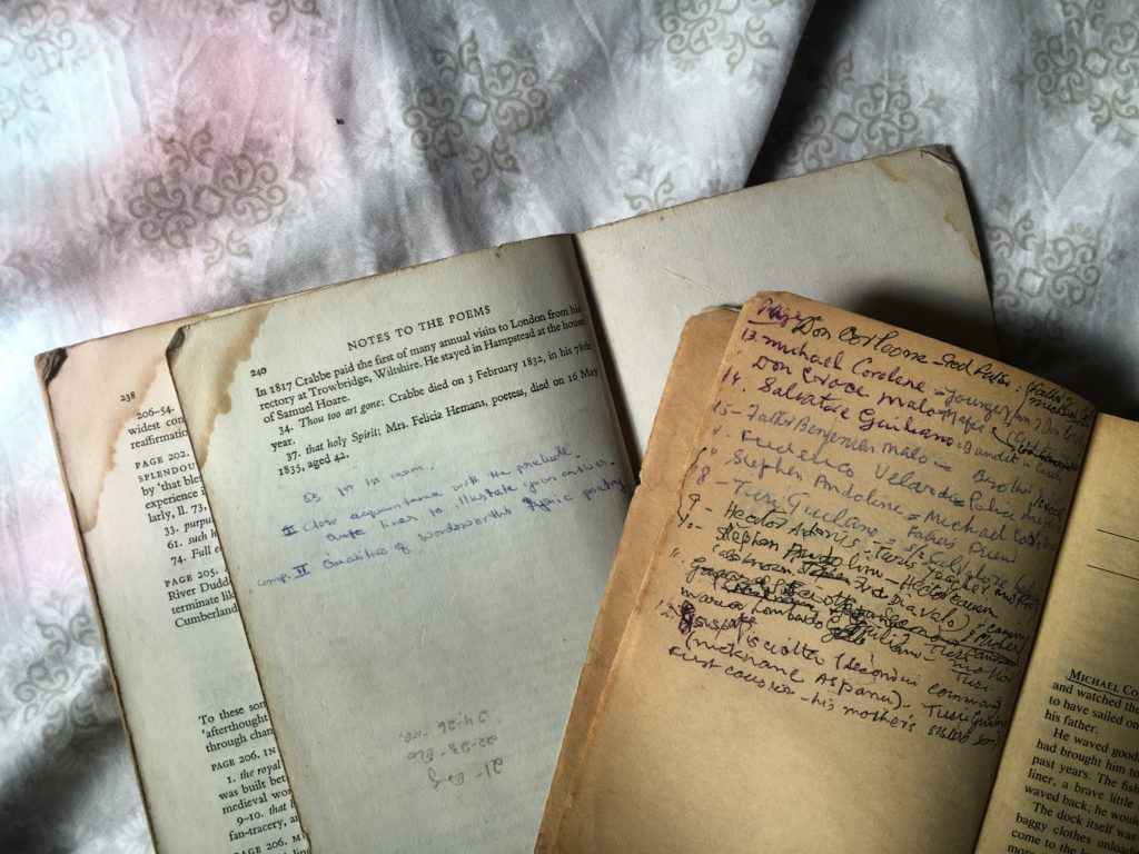 L- a book of poems belonging to Shelley Mahajan, R- A copy of the Godfather, belonging to her grandfather, D.D Mahajan, both heavily inscribed and annotated with notes. 