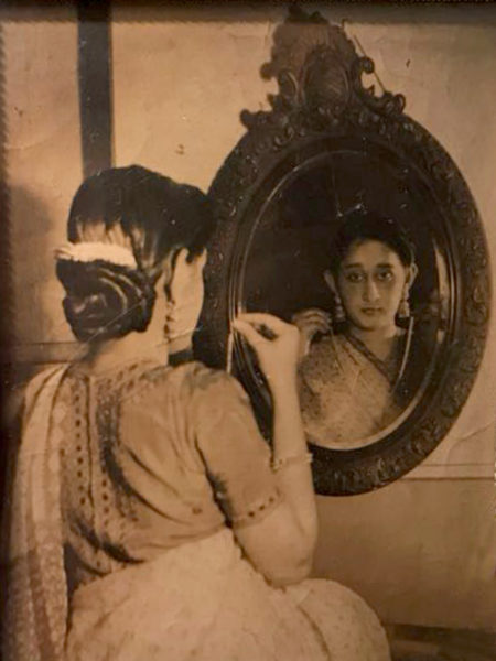 A portrait of Krishna Mitra taken in the years 1956/57. This particular photograph was sent to Rai Sengupta's grandfather's family grandfather's family as the picture of the prospective bride before the wedding was finalised. 