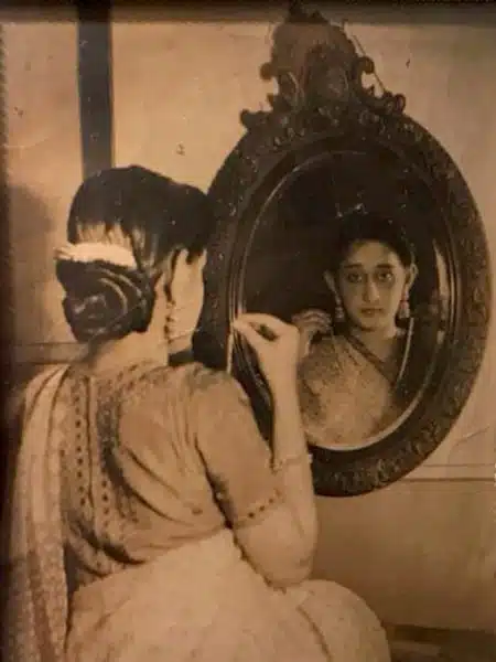A portrait of Krishna Mitra taken in the years 1956/57. This particular photograph was sent to Rai Sengupta's grandfather's family grandfather's family as the picture of the prospective bride before the wedding was finalised.