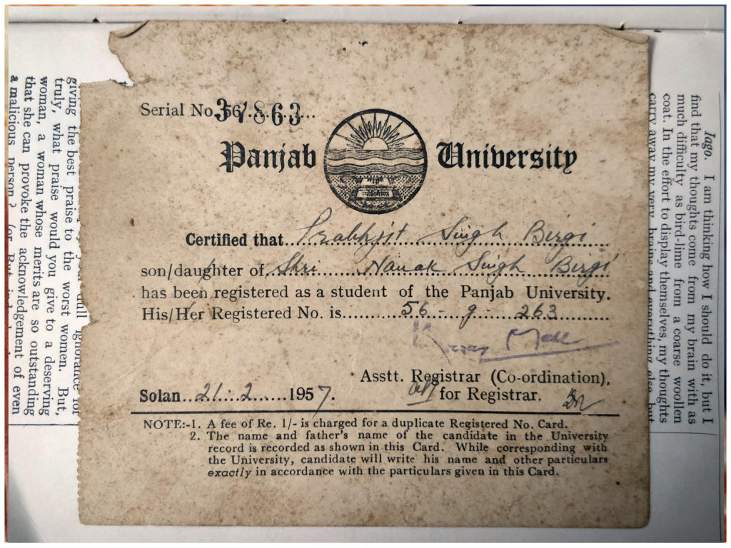Certificate belonging to my granduncle, Prabhjit Singh Birgi, kept inside the copy of Othello as a bookmark