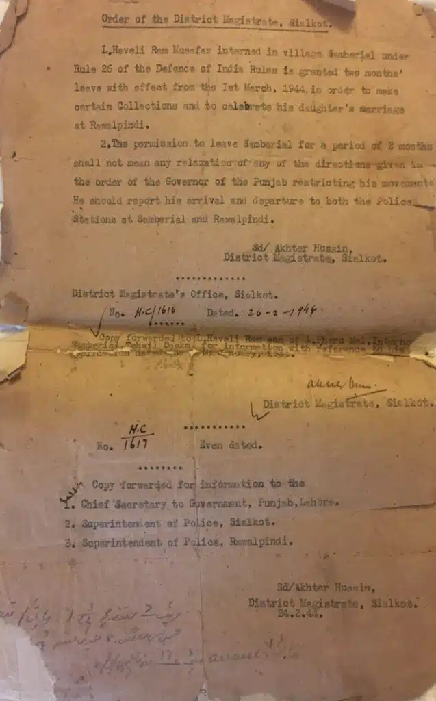 The Order of the District Magistrate, granting Haveli Ram Musafar two month's parole.