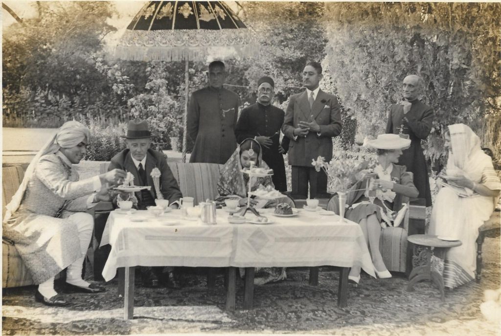 Afternoon Tea at the family's Garden House on Club Road, Lahore (L- R : Devi Saran, Sir Bertrand james Glancy [Gov of Punjab, 1941- 1946], Kamla Saran, Ganga Saran [wearing spectacles. He is the brother of the then Late Binda Saran], Governess of Punjab. 