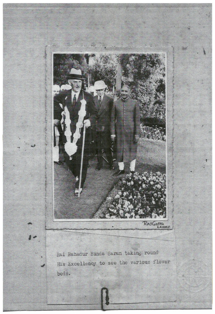 Binda Saran, father of Devi Saran, showing His Excellency, The Governor of Punjab, Sir Bertrand james Glancy, the flower beds at his home on Nepia Road