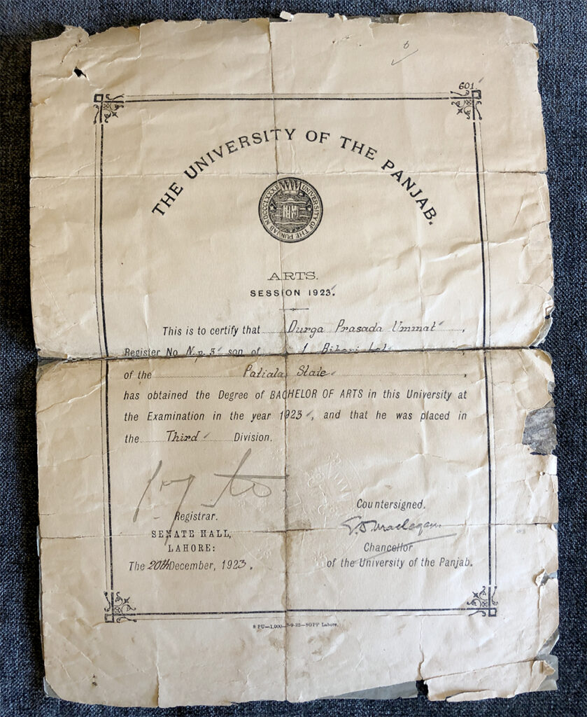 Bauji's BA Certificate from University of Panjab