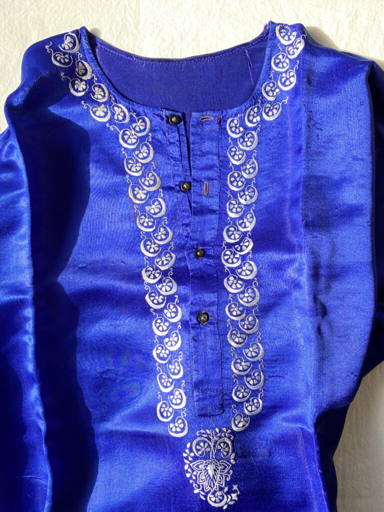 Fine raw silk with silver embroidery, that Dadu wore to his 80th birthday celebration
