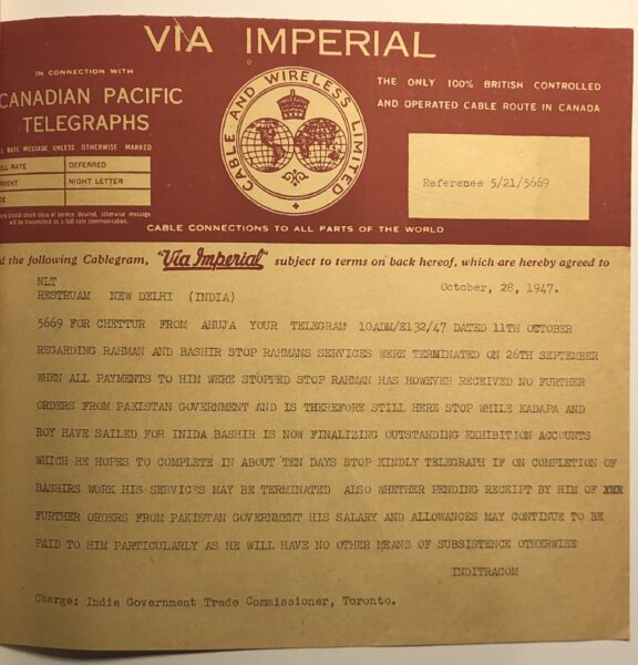 Nanajan's telegram about plans with Government of Pakistan